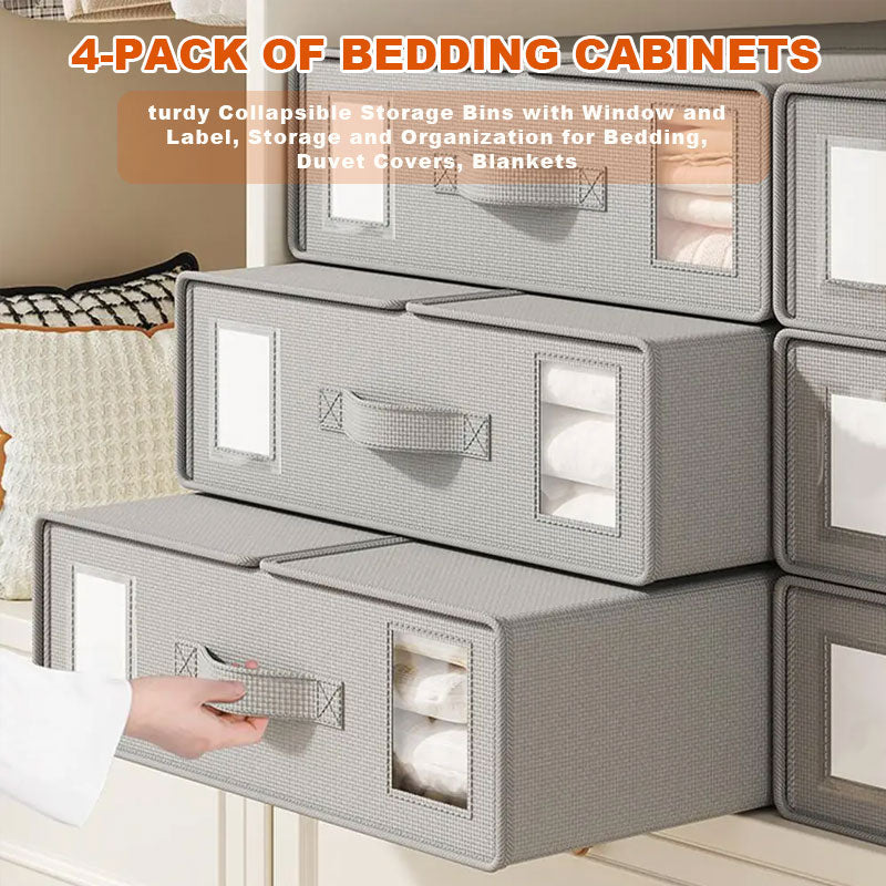 🛏️4er-Pack Bettwäscheschrank, stabile faltbare Aufbewahrungsbehälter mit Fenster und Etikett, Aufbewahrung und Organisation für Bettwäsche, Bettbezüge, Decken (grau)