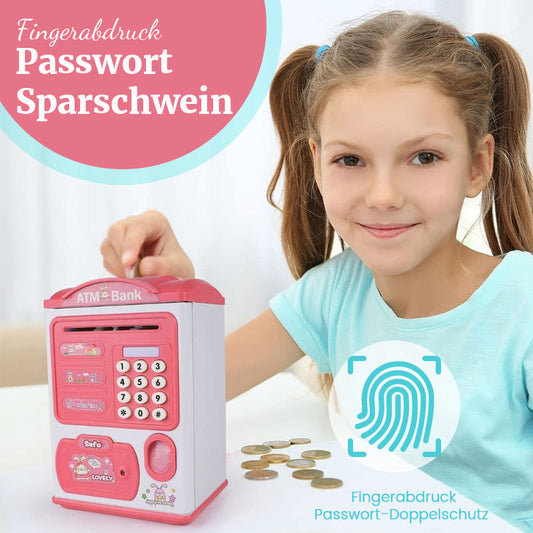 Cartoon-Sparschwein mit Fingerabdruck-Passwort