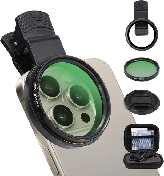 52 mm Clip-0n CPL-Filterset für Telefonkameraobjektive, Zirkularpolarisator-Polarisationsfilter, kompatibel mit den meisten Mobiltelefonen