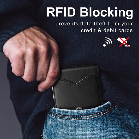 Herren-Geldbörse aus schlankem Leder mit RFID-Blockierung – minimalistische Bifold-Geldbörse aus Carbonfaser